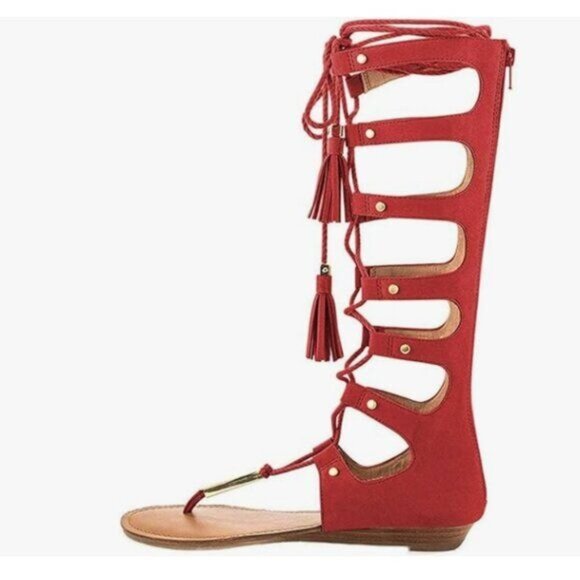 YDN Red Lace up Gladiators Knee High Thong Strappy Sandals Low Heel Fringe Shoe - Picture 1 of 8